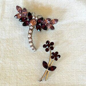 Purple Rhinestone Dragonfly Brooch & Floral Brooch Set of 2
